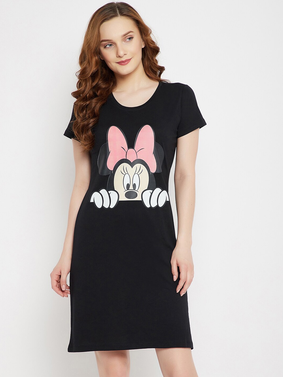 

Disney by Wear Your Mind Women Black & Pink Minnie Mouse Printed Pure Cotton Sleep Shirt