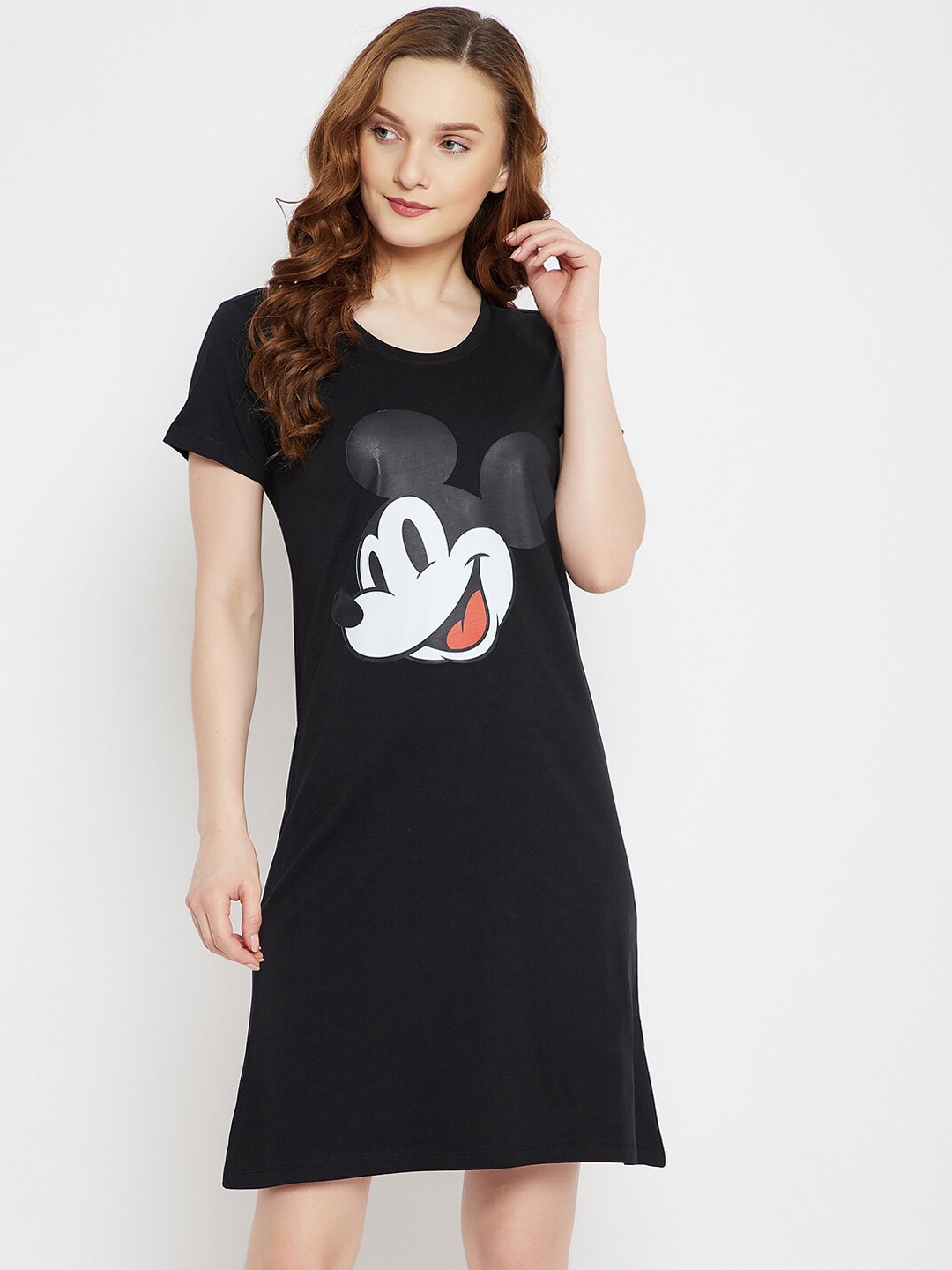

Disney by Wear Your Mind Women Black & White Mickey Mouse Printed Pure Cotton Sleep Shirt