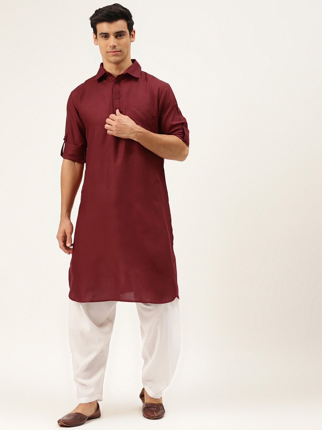 

Molly & Michel Men Maroon Solid Regular Pure Cotton Pathani with Salwar