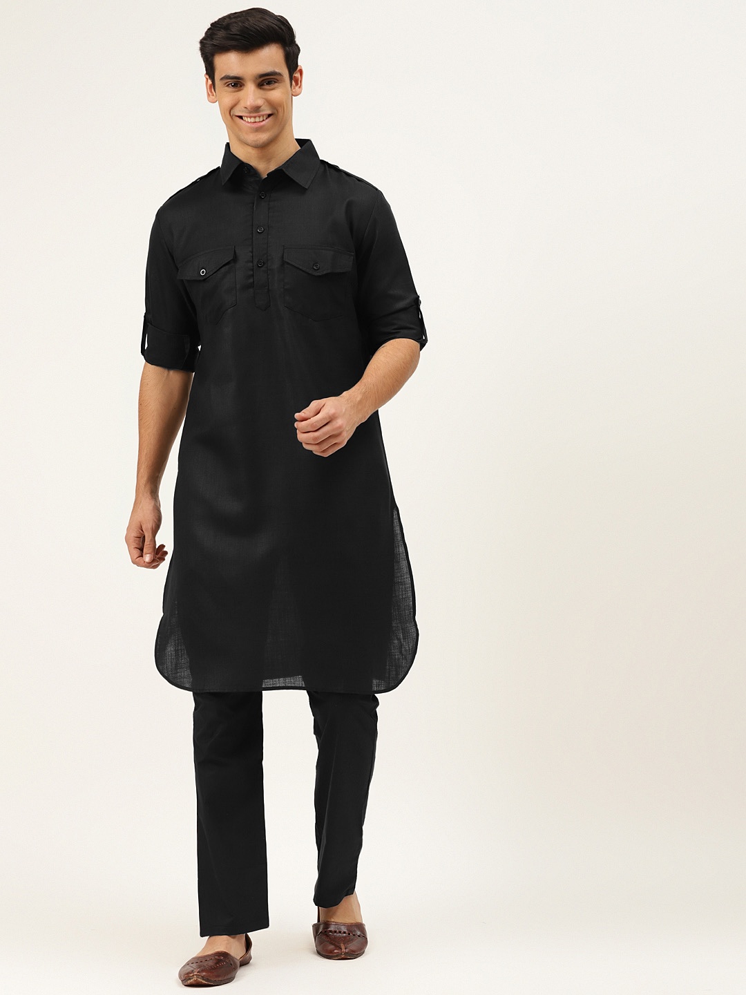 

Molly & Michel Men Black Solid Regular Pure Cotton Pathani with Pyjamas