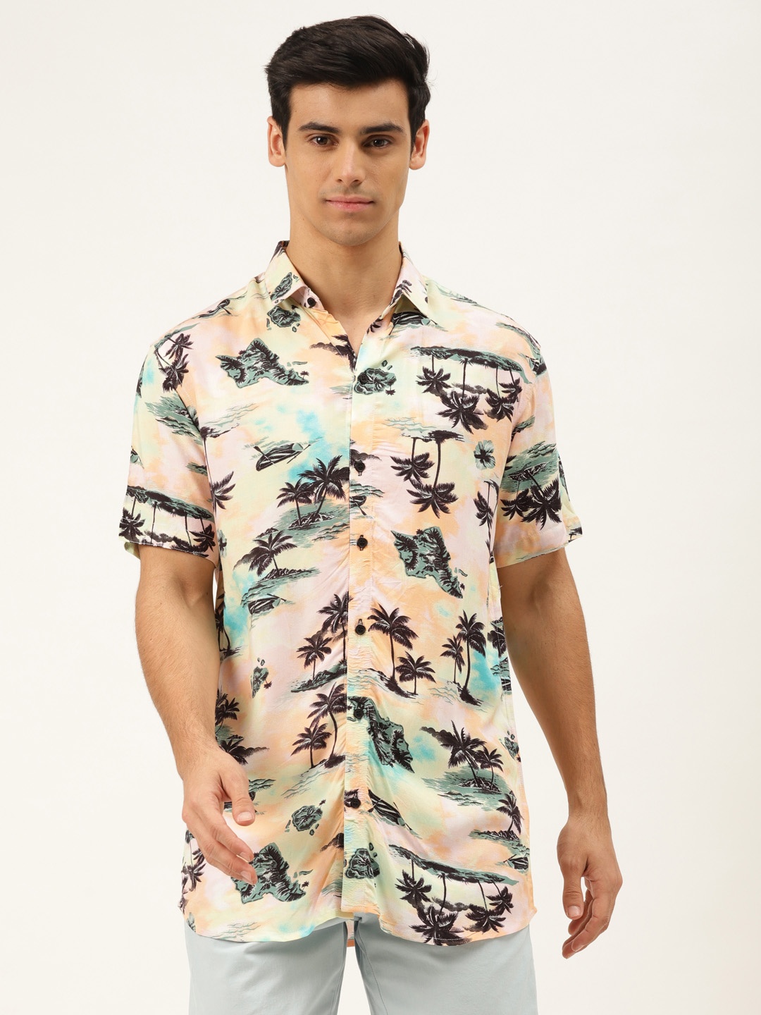 

Molly & Michel Men Peach-Coloured & Charcoal Grey Slim Fit Tropical Print Casual Shirt