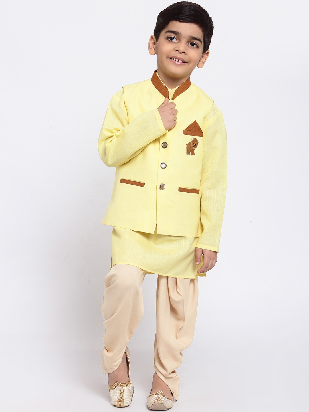 

MAXENCE Boys Yellow Layered Linen Kurta with Dhoti Pants