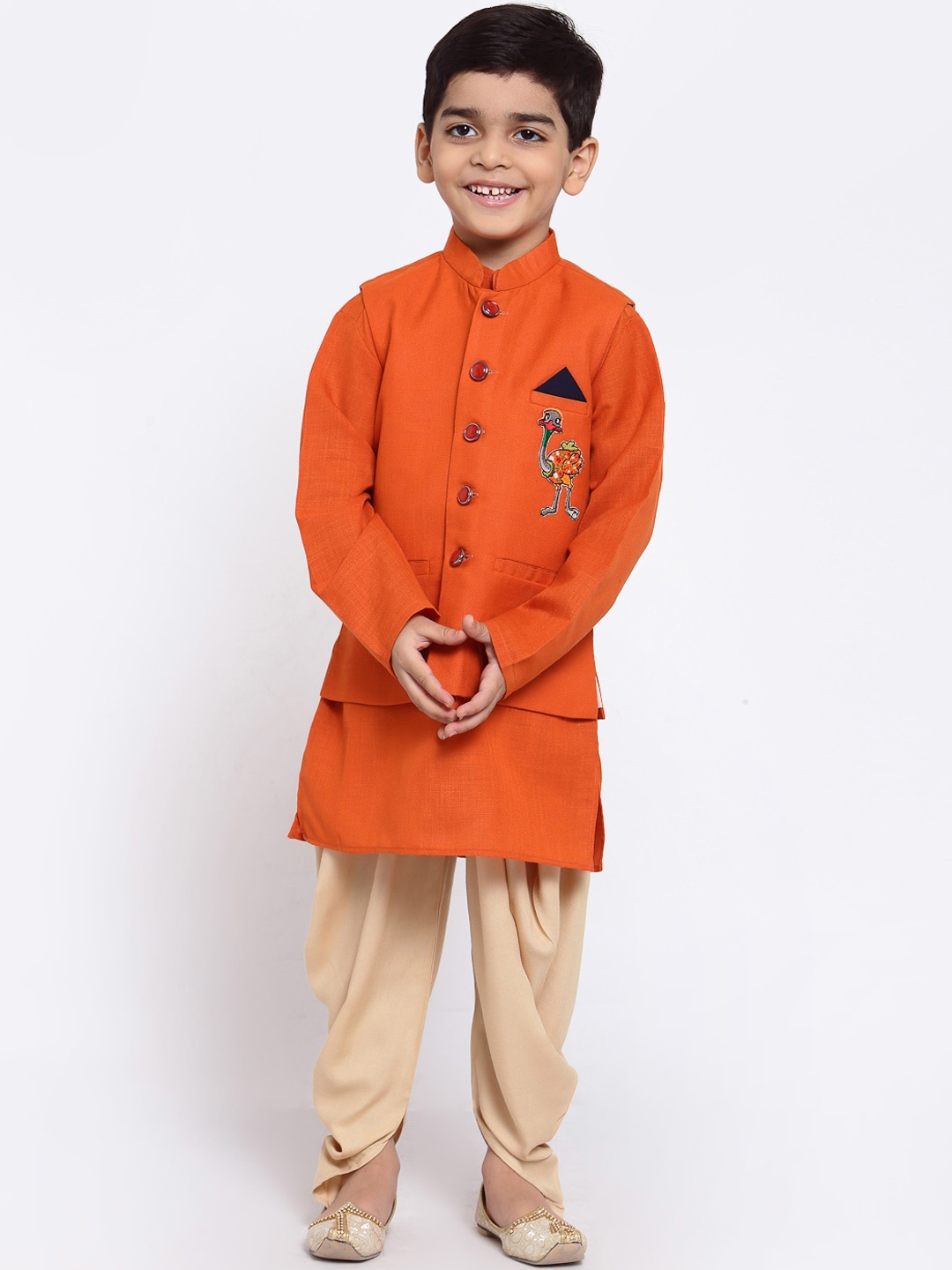 

MAXENCE Boys Orange Linen Kurta Dhoti Pants With Jacket