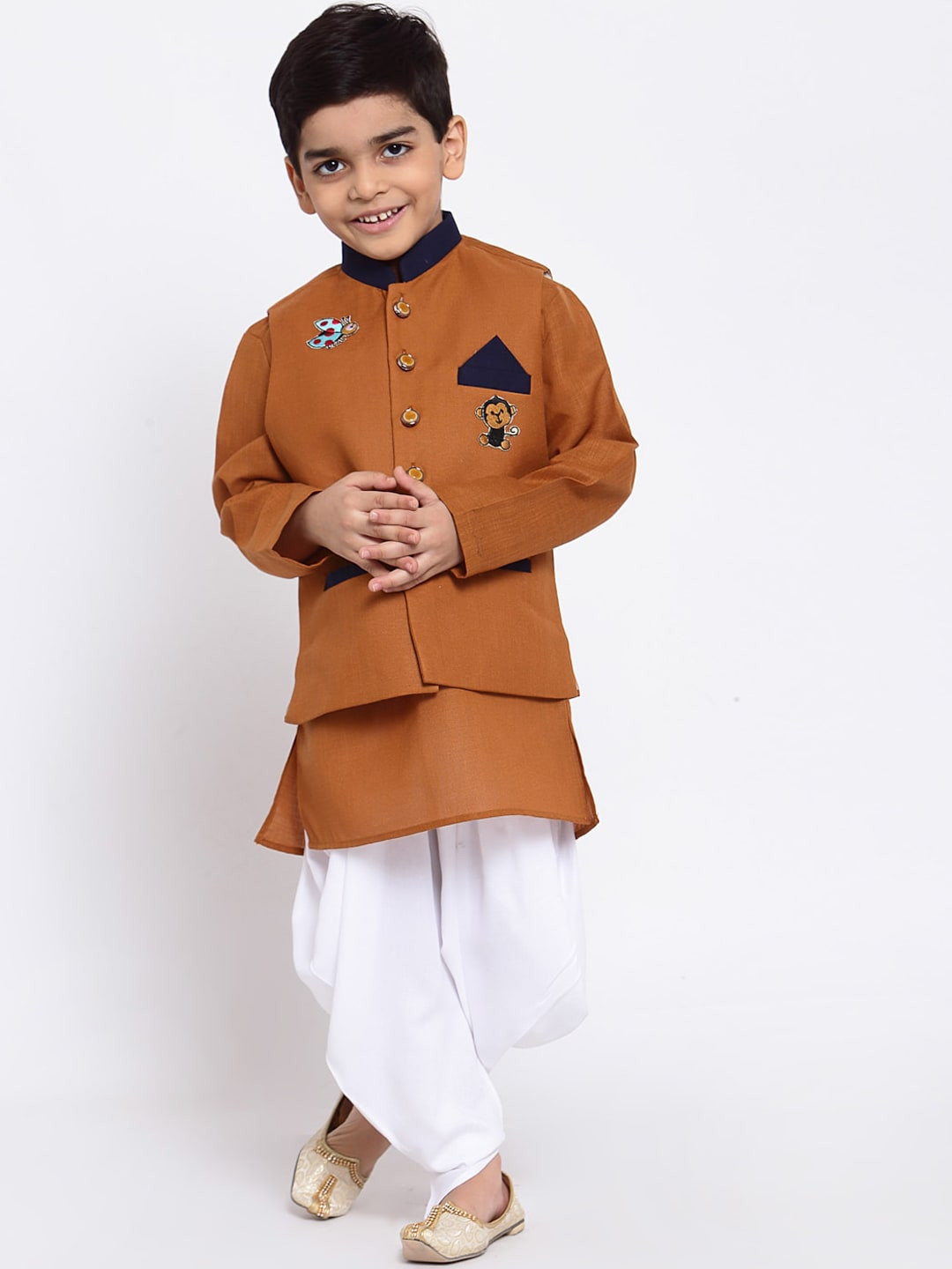 

MAXENCE Boys Brown Layered Linen Kurta with Dhoti Pants
