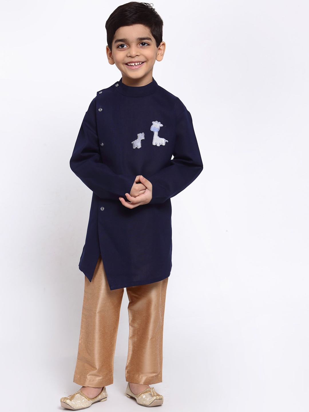 

MAXENCE Boys Navy Blue Embroidered Linen Kurta with Pyjamas