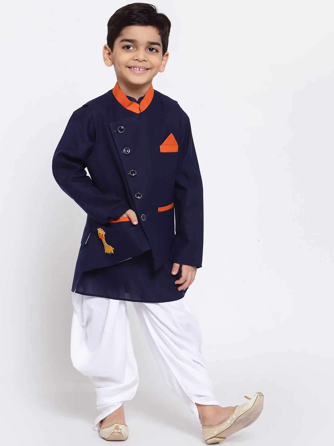 

MAXENCE Boys Navy Blue Animal Embroidered Linen Kurta Dhoti Pants With Jacket