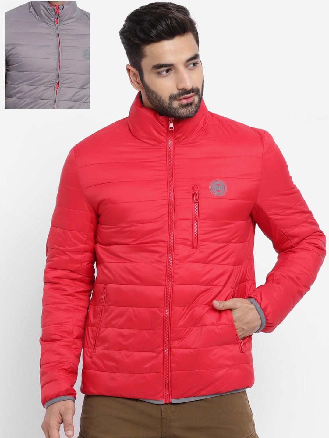 

Royal Enfield Men Grey & Red Reversible Quilted Padded Jacket
