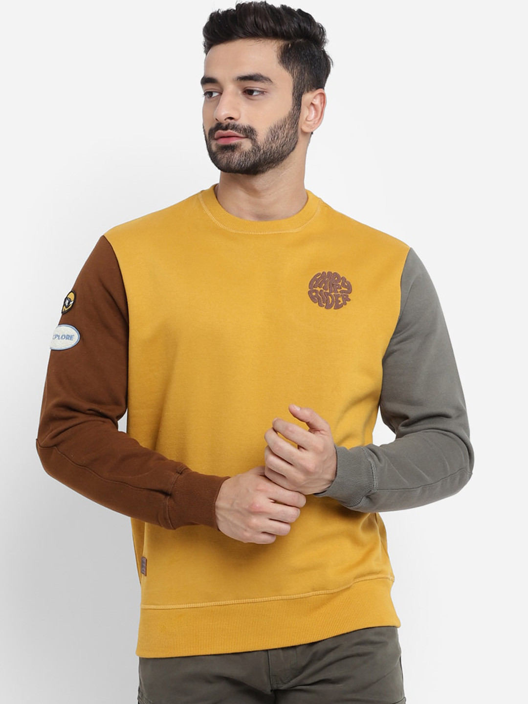 

Royal Enfield Men Mustard Colourblocked Pullover Sweatshirt