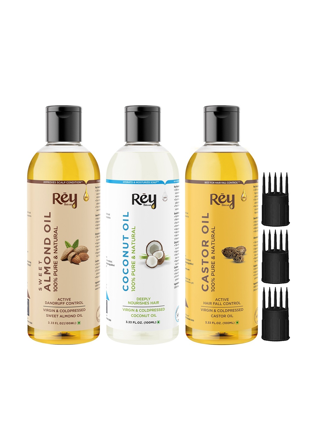 

Rey Naturals Set of 3 Cold Pressed Castor Oil, Coconut Oil & Sweet Almond Oil, Transparent