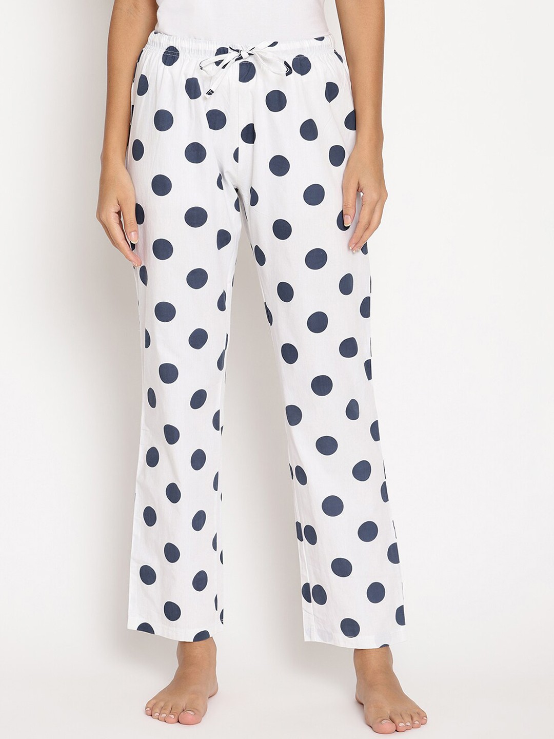 

Wolfpack Women White & Navy Blue Polka Dots Printed Cotton Lounge Pants