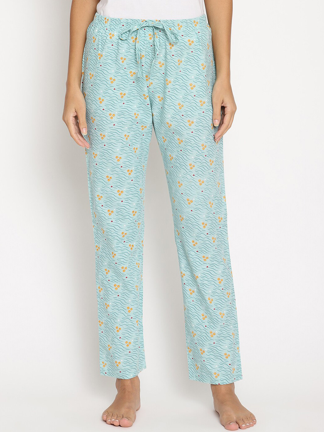 

Wolfpack Women Sea Green Floral Printed Cotton Lounge Pants