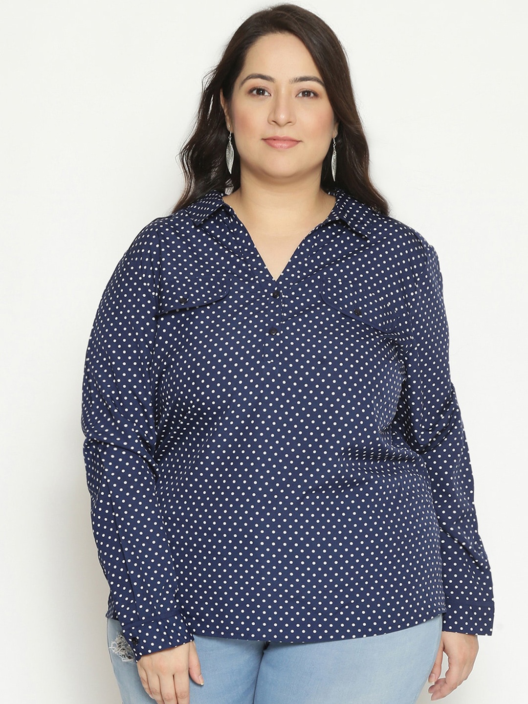 

Oxolloxo Women Navy Blue Printed Polka Dots Casual Shirt