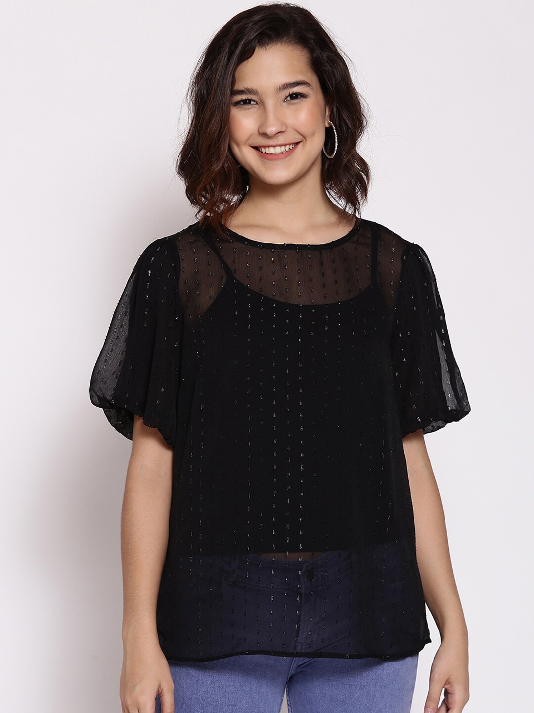

Oxolloxo Women Black Self Design Sheer Top
