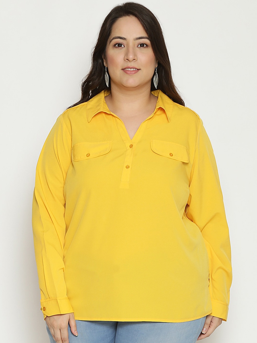 

Oxolloxo Women Yellow Solid Long Sleeves Casual Shirt
