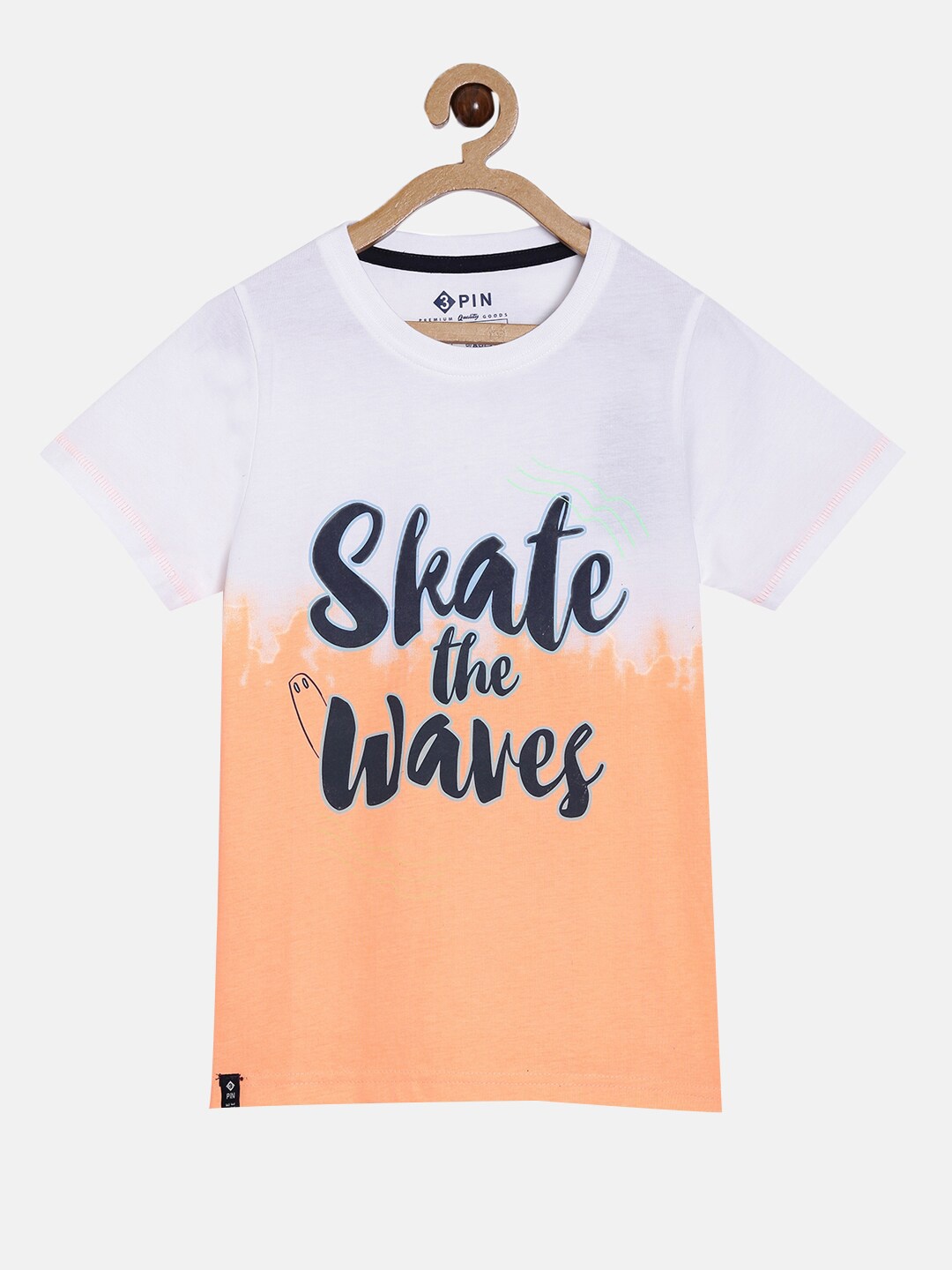 

3PIN Boys White Peach-Coloured Typography Printed Pure Cotton T-shirt