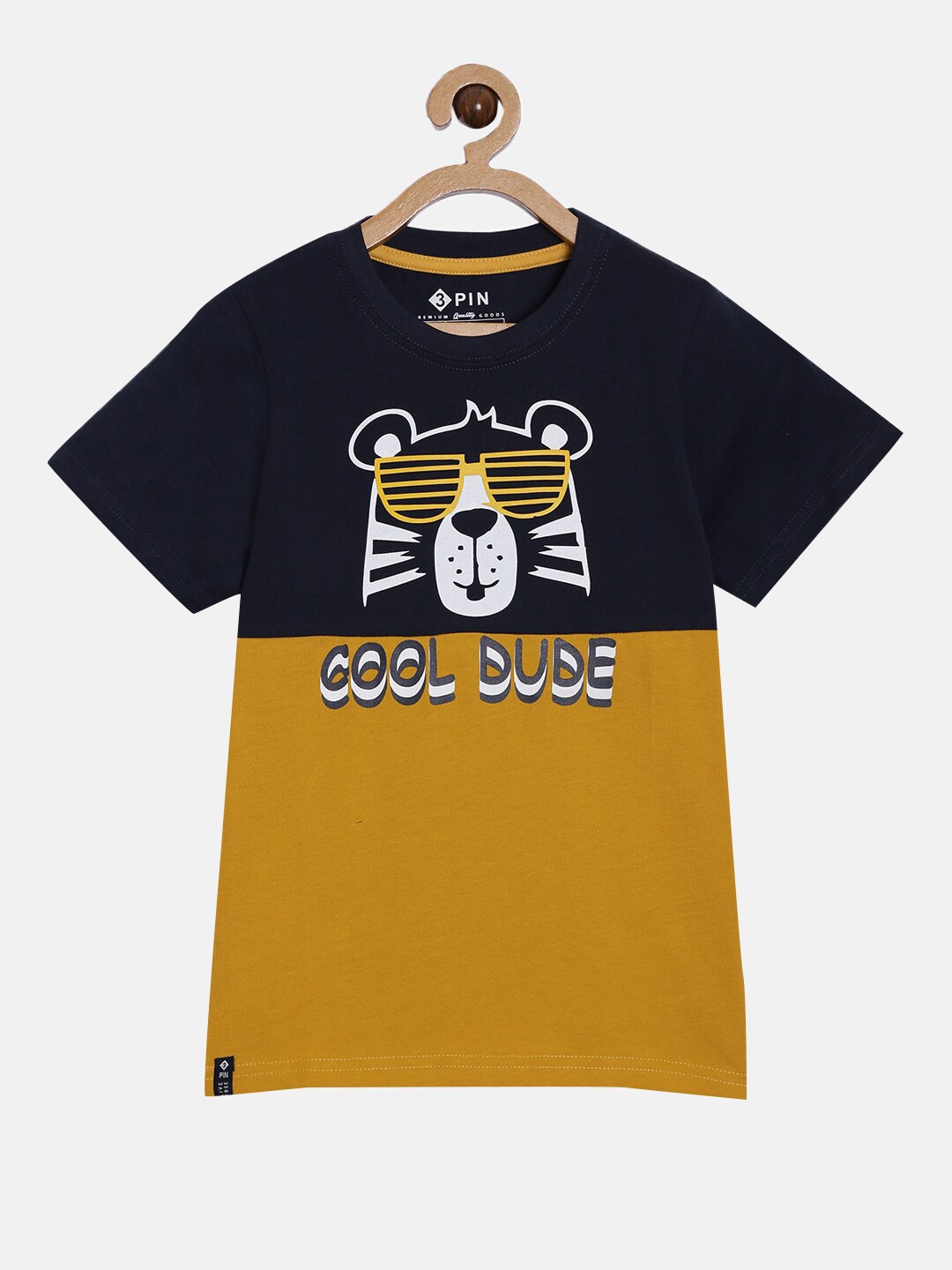 

3PIN Boys Navy Blue Mustard Graphic Printed Pure Cotton T-shirt