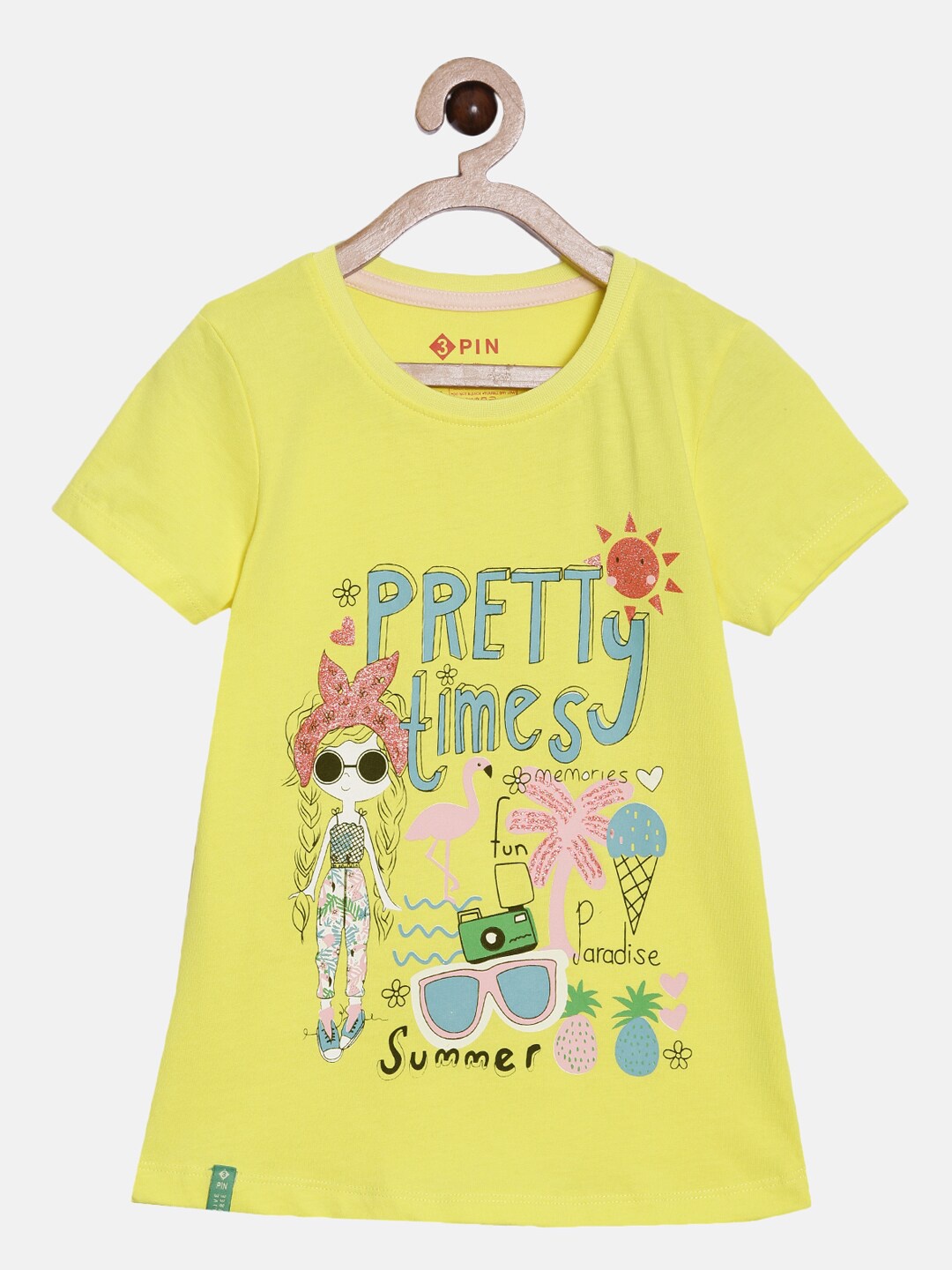 

3PIN Girls Yellow Pure Cotton Typography Printed Embellished Pure Cotton T-shirt