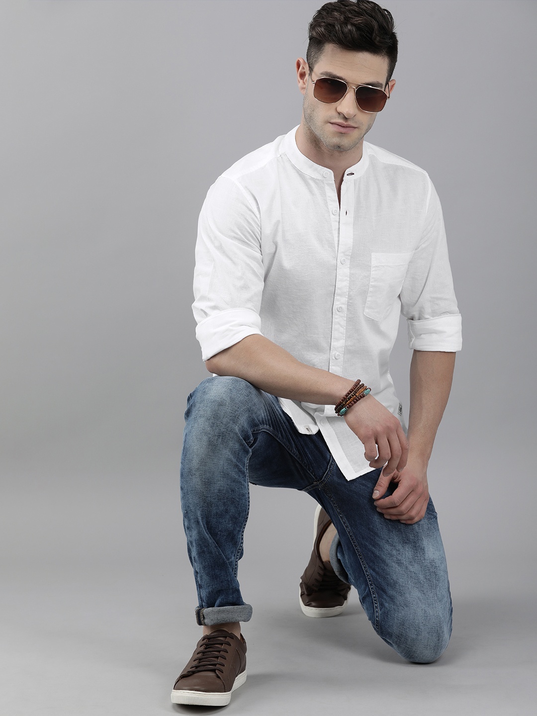 Roadster Men White Mandarin Collar Casual Shirt