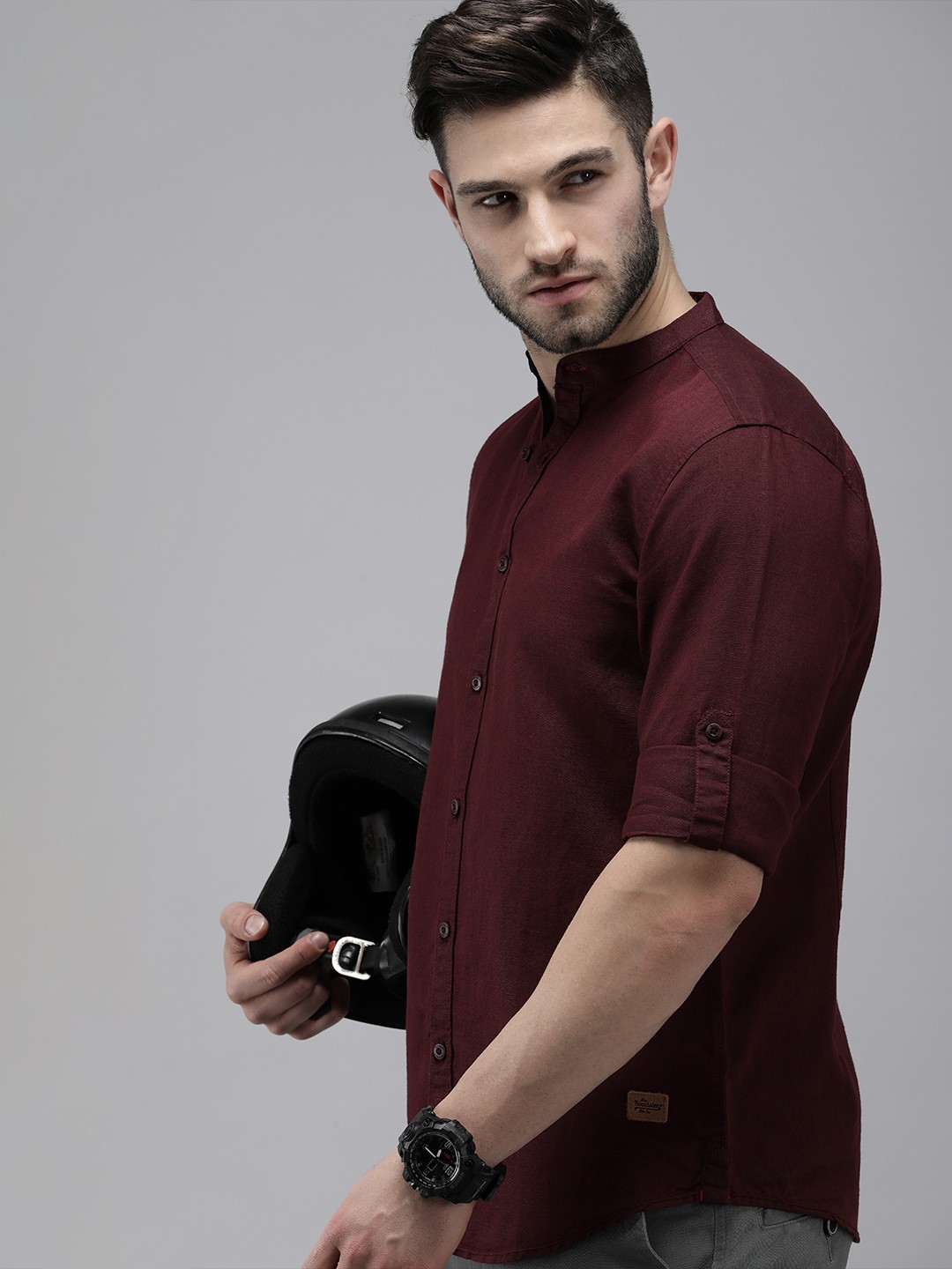 

Roadster Men Maroon Solid Mandarin-Collar Sustainable Casual Shirt