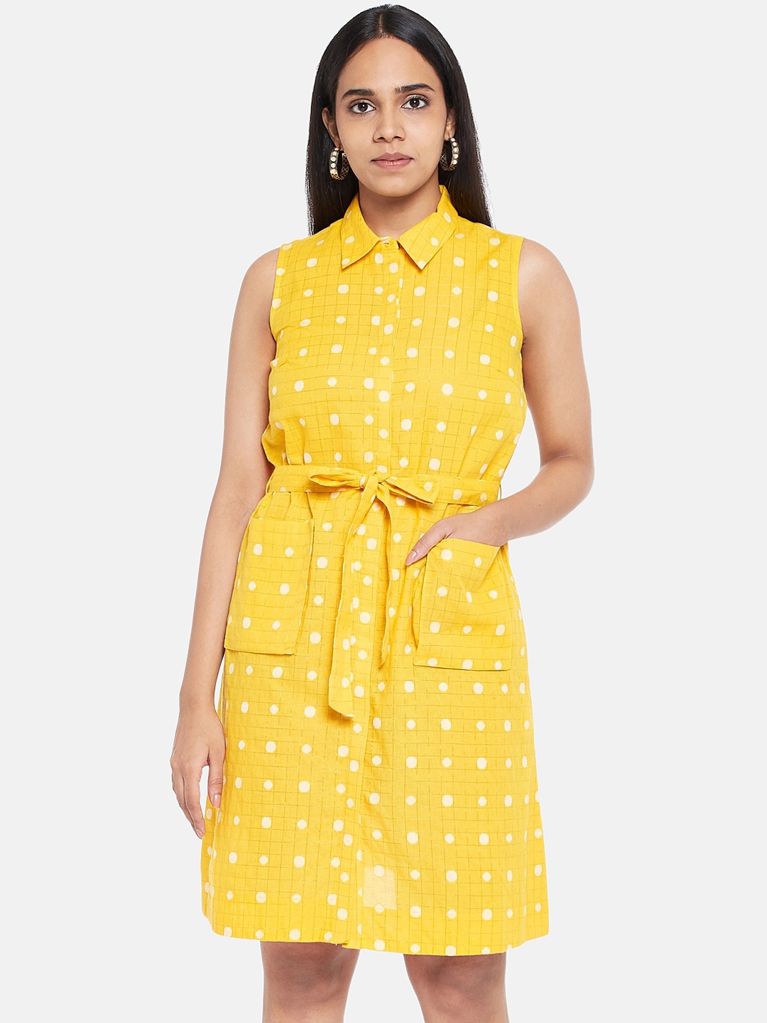 

AKKRITI BY PANTALOONS Yellow Polka Dots Shirt Dress