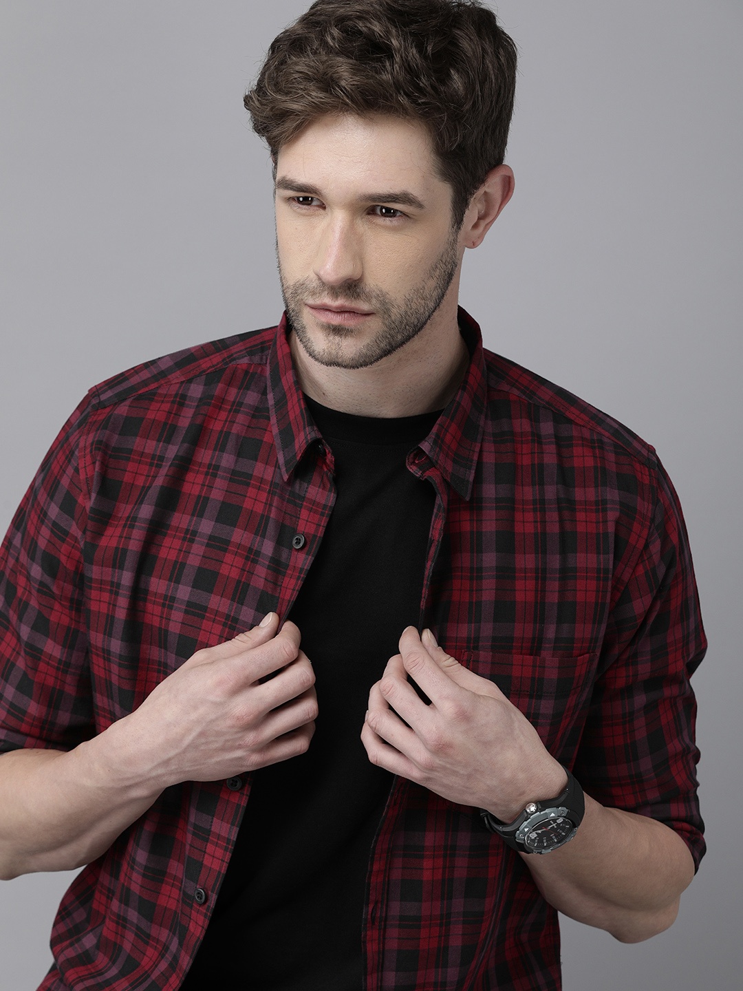 

Roadster Men Maroon & Black Opaque Checked Pure Cotton Casual Shirt