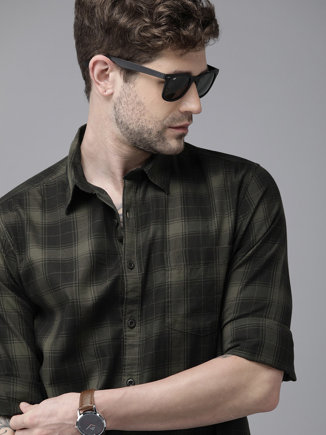 

Roadster Men Olive Green & Black Tartan Checks Opaque Pure Cotton Sustainable Casual Shirt