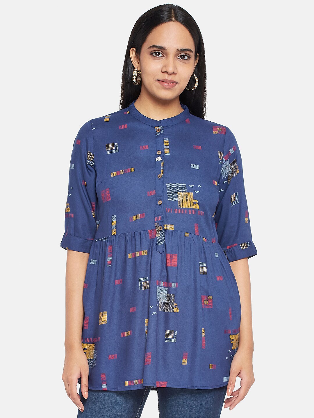 

AKKRITI BY PANTALOONS Navy Blue Abstract Printed Empire Longline Top