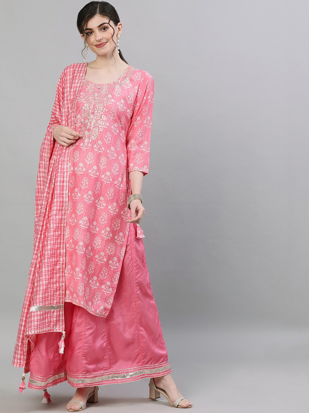 

Ishin Women Pink Floral Kurta with Sharara & Dupatta