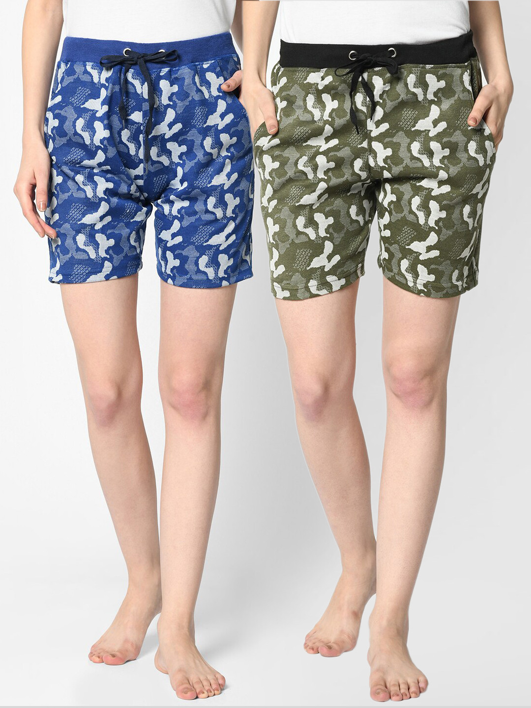 

VIMAL JONNEY Women Pack Of 2 Olive Green & Blue Printed Lounge Shorts