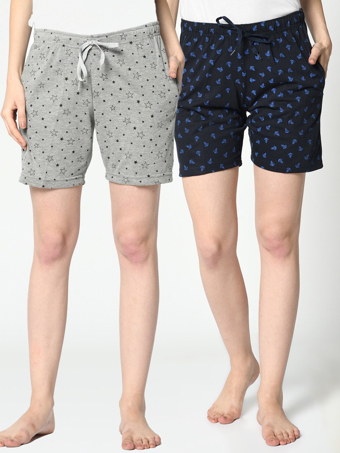 

MACK JONNEY Set of 2 Women Grey & Navy Blue Printed Lounge Shorts