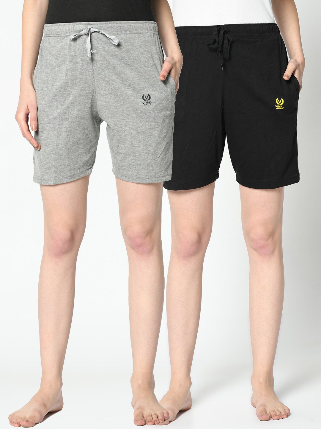 

VIMAL JONNEY Women Grey Melange & Black Set of 2 Solid Lounge Shorts
