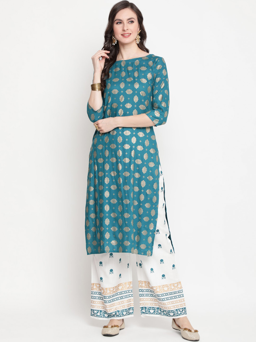 

GULMOHAR JAIPUR Women Green Ethnic Motifs Printed Kurti With Palazzos