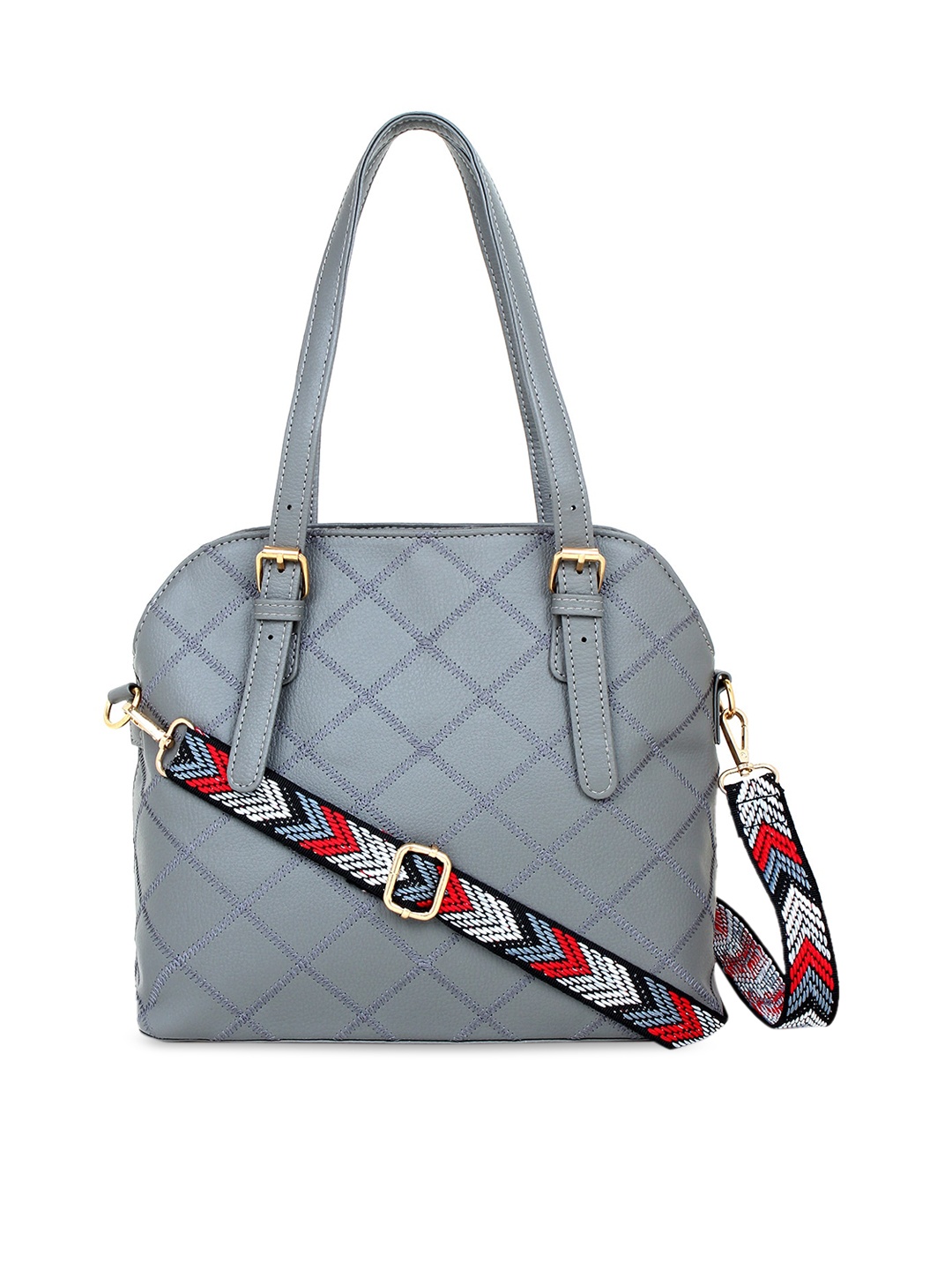 

LEGAL BRIBE Women Grey Geometric Textured Shoulder Bag With Detachable Strap