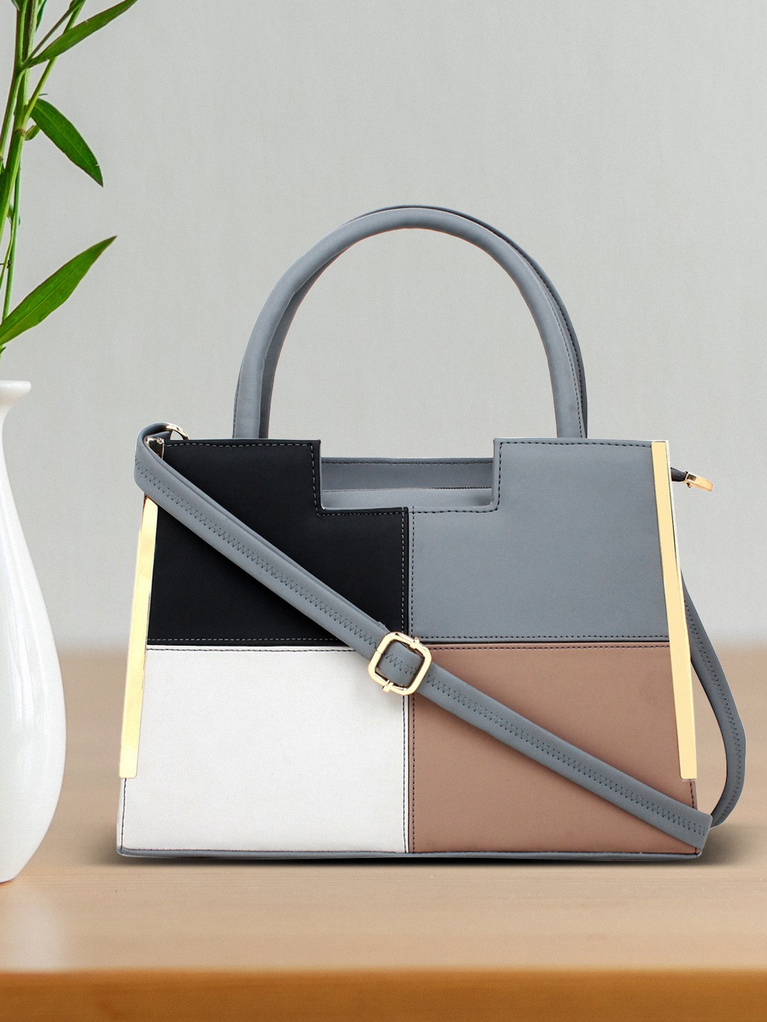 

LEGAL BRIBE Women Grey Colourblocked PU Structured Handheld Bag