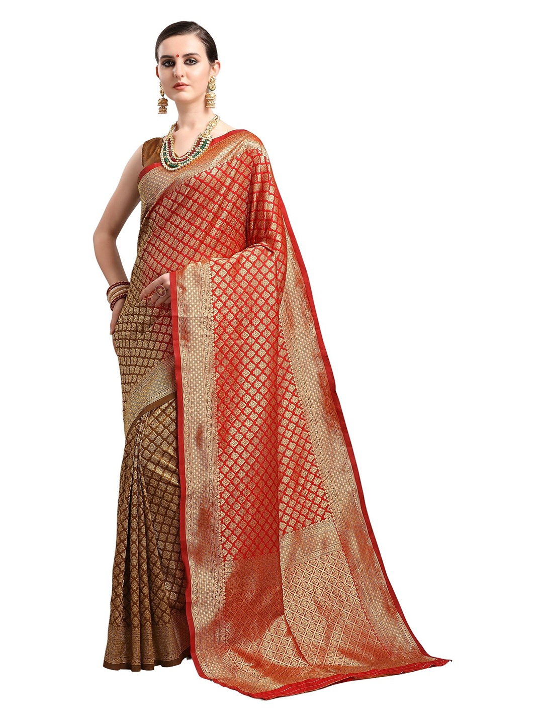 

KALINI Red & Brown Ethnic Motifs Woven Design Half and Half Kanjeevaram Saree