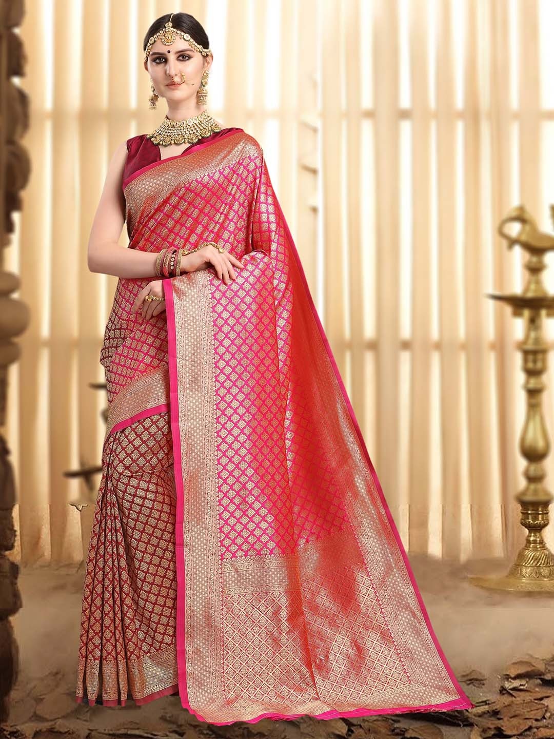 

KALINI Pink & Maroon Ethnic Motifs Zari Woven Design Half and Half Kanjeevaram Saree