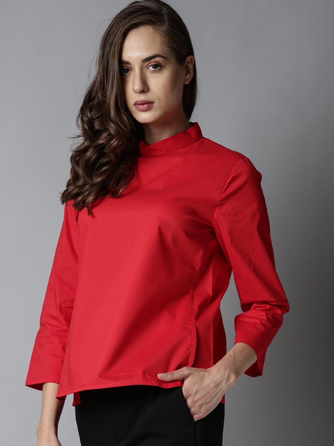 

RAREISM Women Red Solid Regular High Neck Top