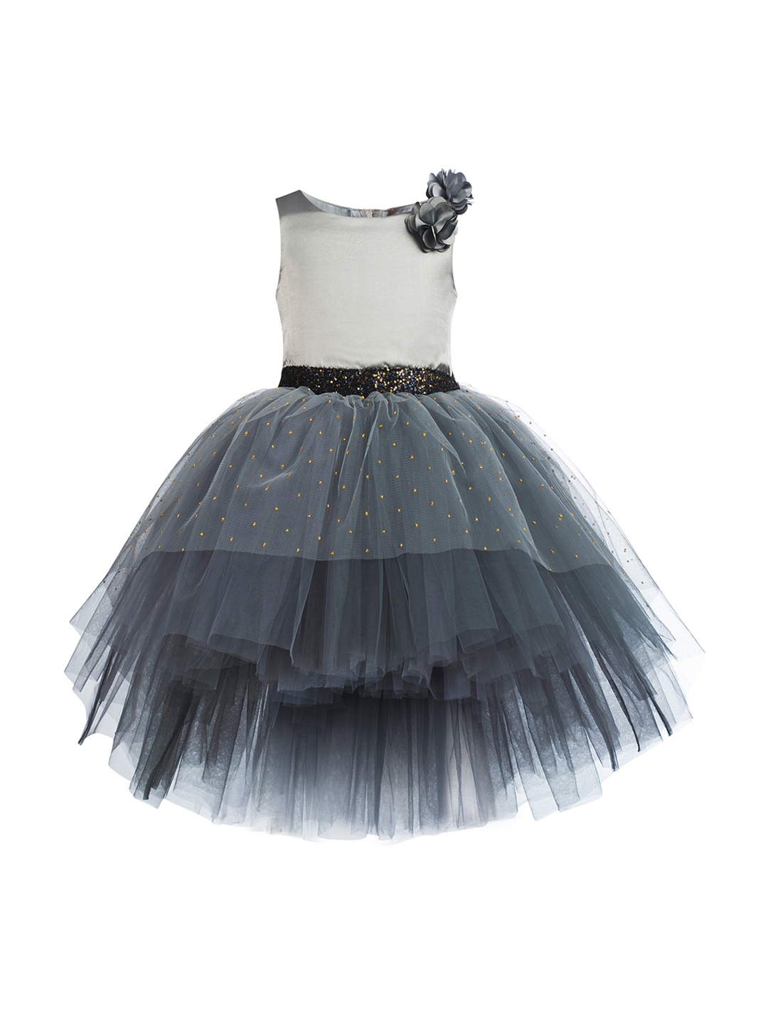 

Toy Balloon kids Girls Grey Embellished Fit & Flare Netted Dress With High-Low Hem