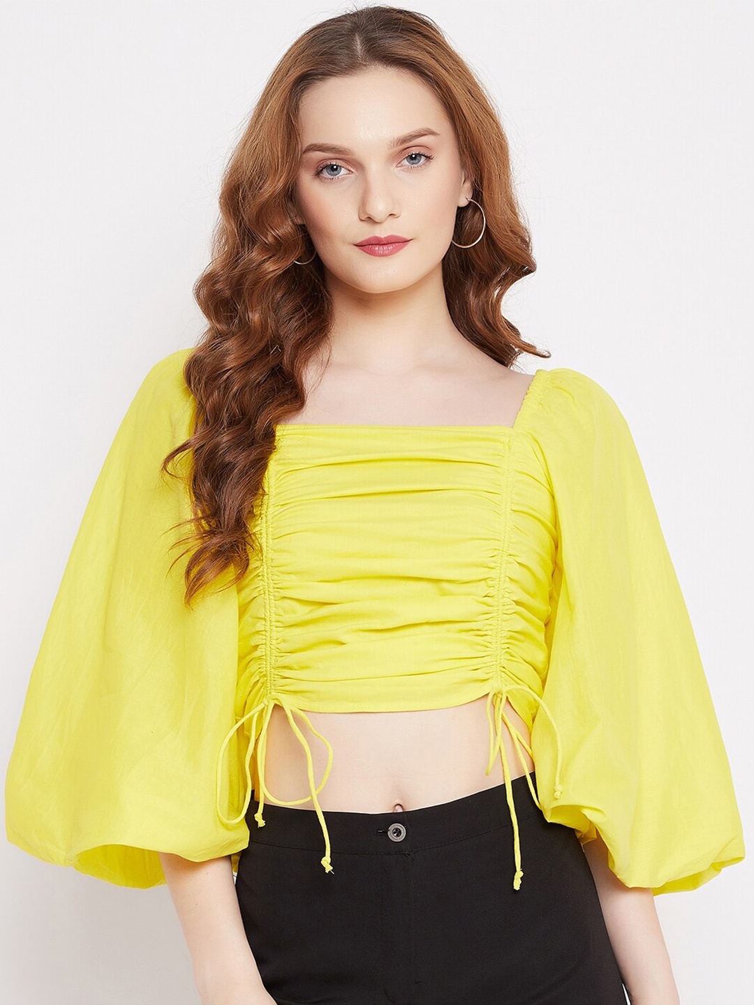

sandy AND ritz Yellow Solid Smocked Fitted Crop Sustainable Top