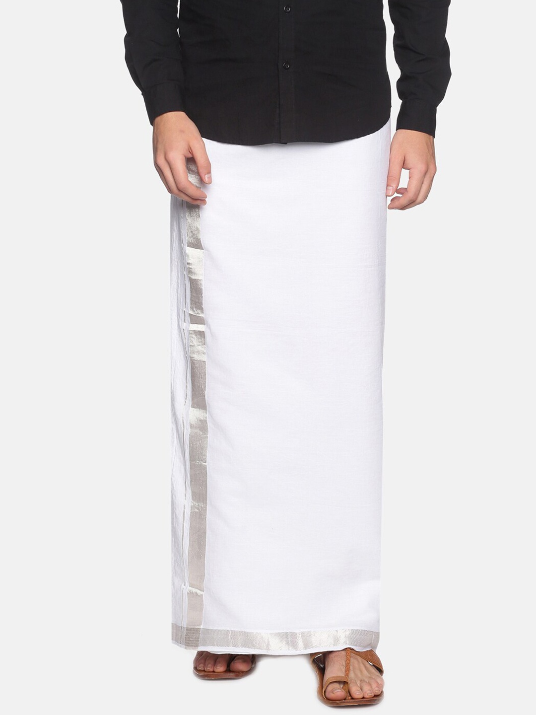

Sethukrishna Men White & Silver-Coloured Cotton Traditional Kerala Double Mundu Dhotis