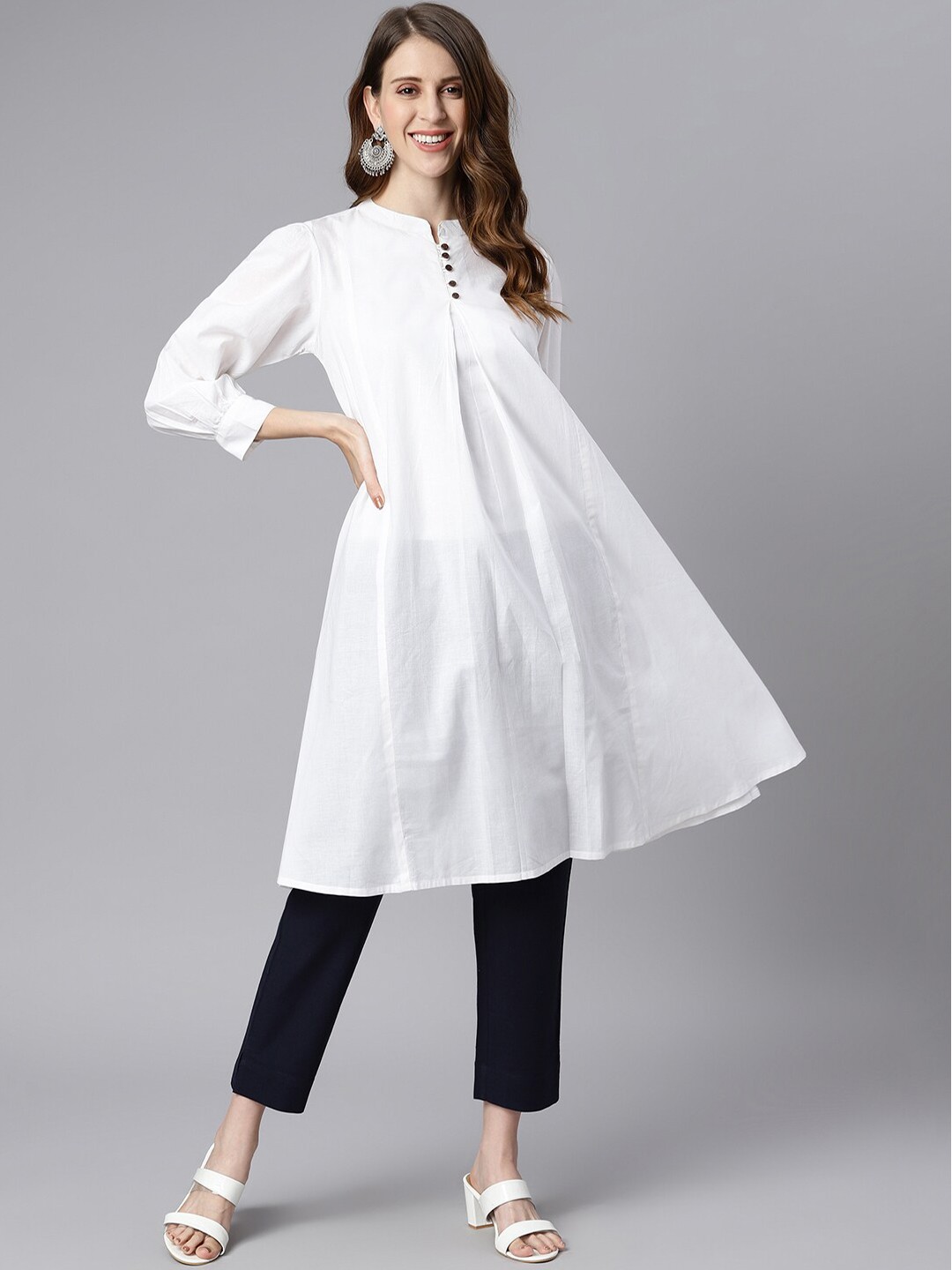 

Janasya Women White Mandarin Collar Tunic
