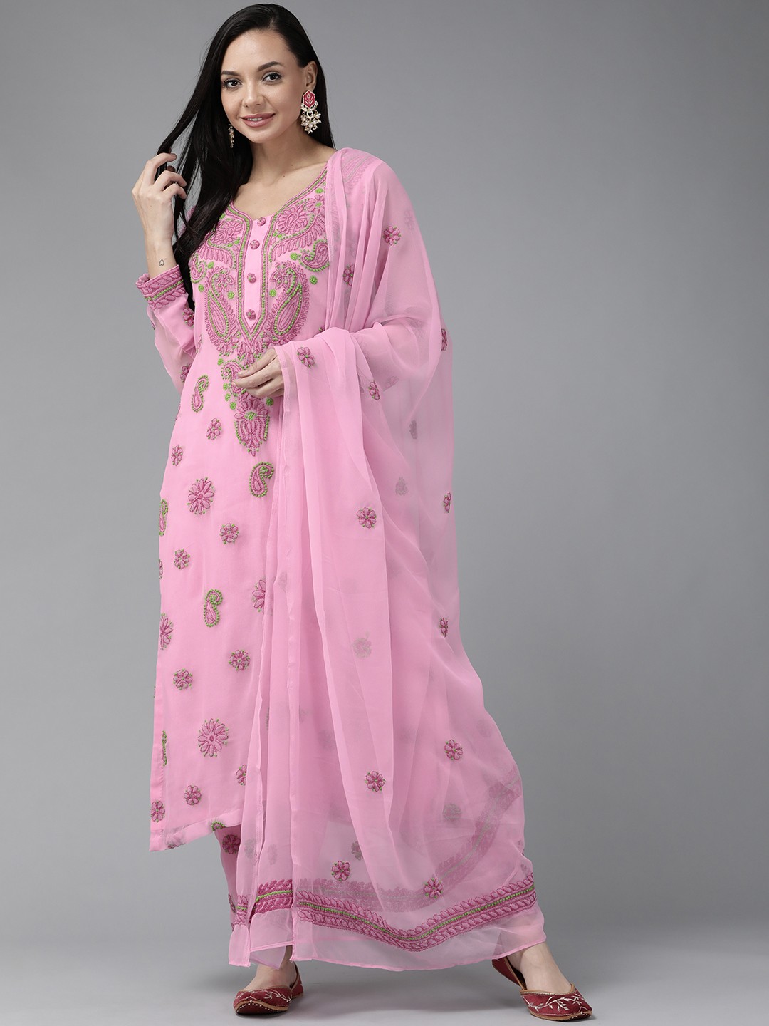 

ADA Sustainable Pink & Green Chikankari Hand Embroidered Handloom Unstitched Dress Material