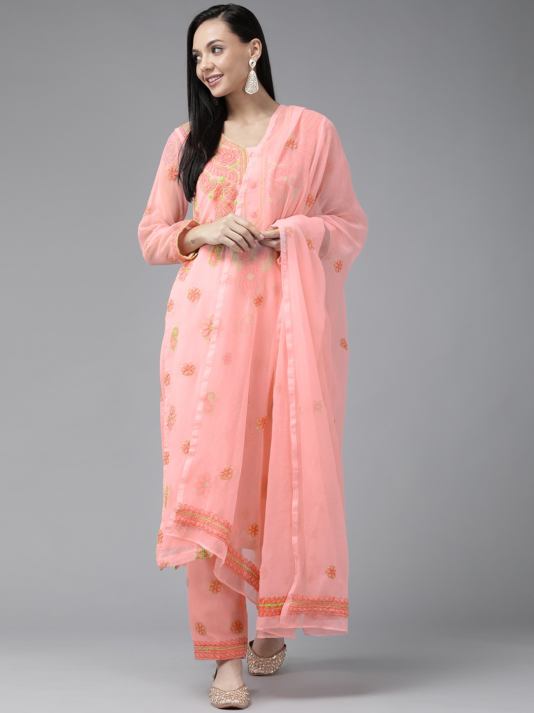 

ADA Peach-Coloured & Green Embroidered Sustainable Handloom Unstitched Dress Material