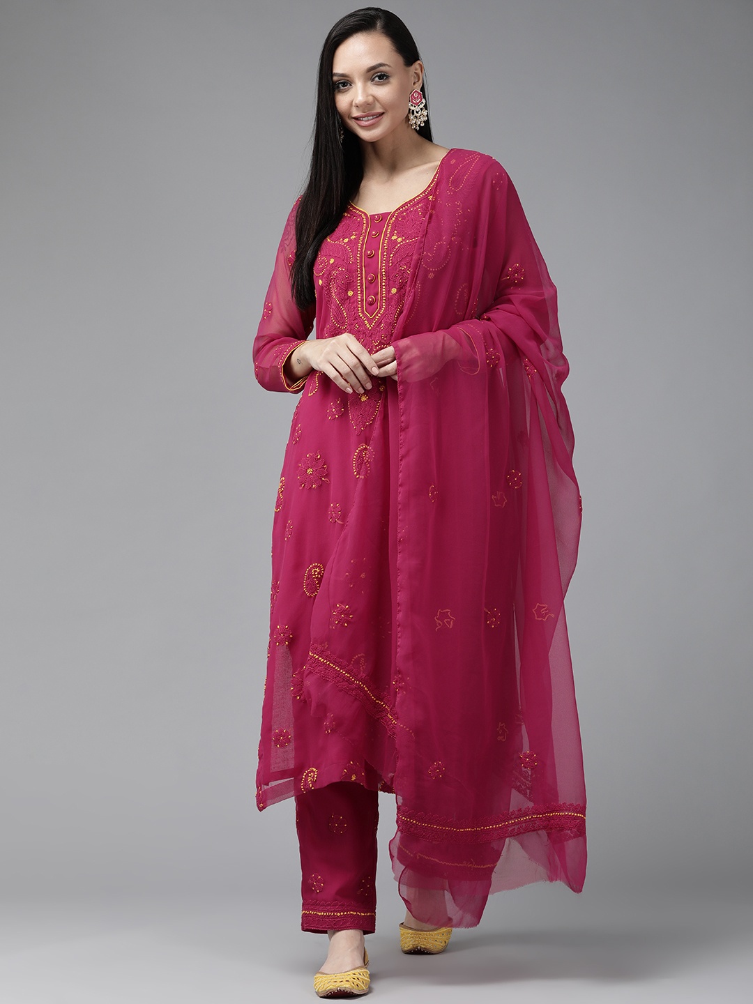 

ADA Women Burgundy & Yellow Embroidered Unstitched Dress Material