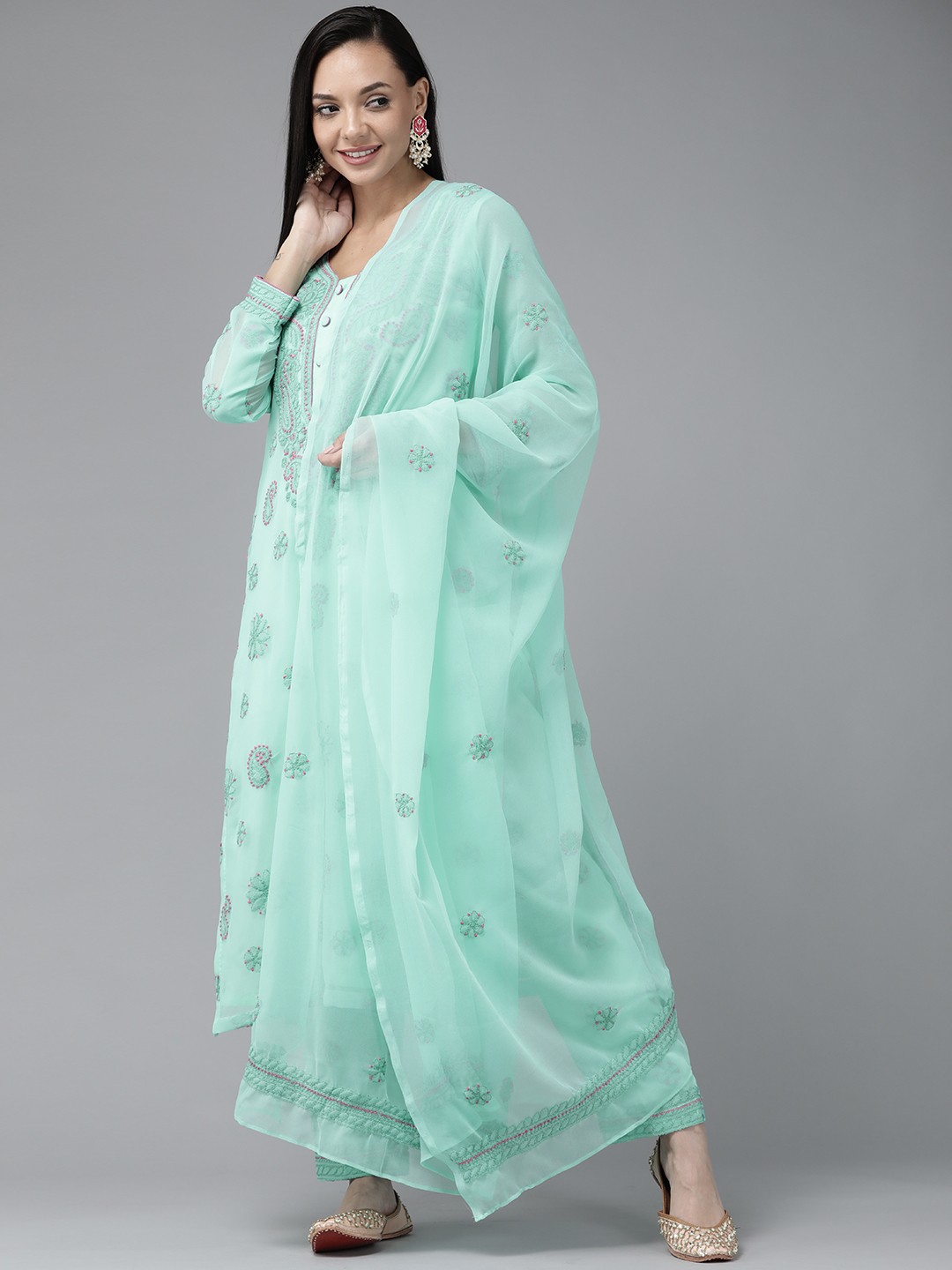 

ADA Sea Green & Pink Embroidered Sustainable Handloom Unstitched Dress Material