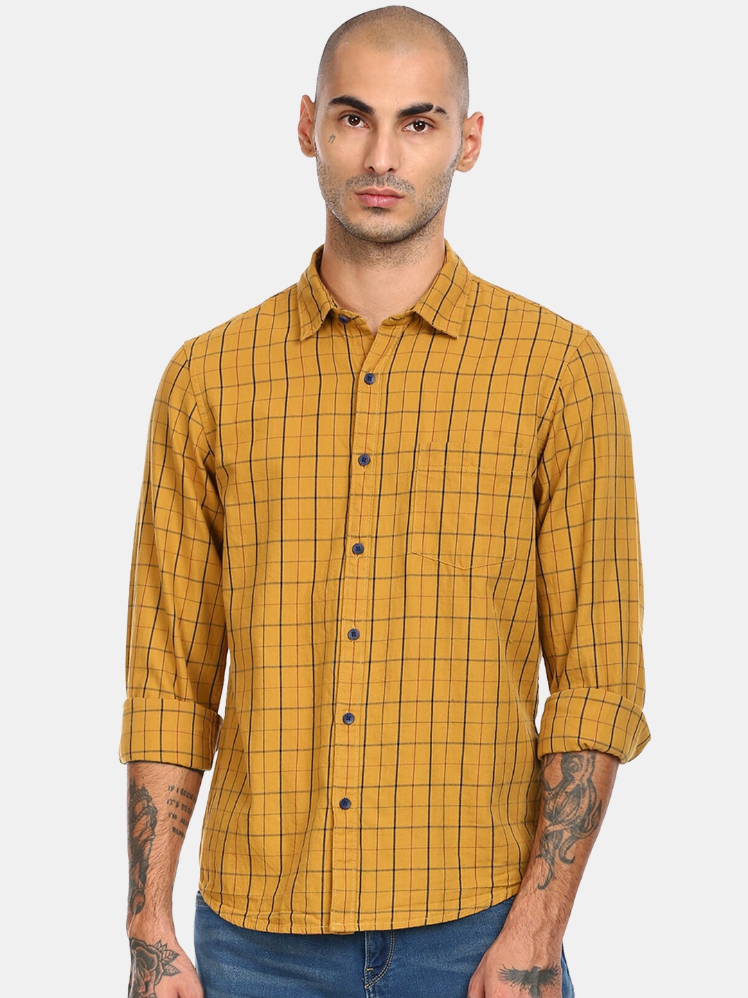 

Ruggers Men Yellow Pure Cotton Regular Fit Windowpane Checked Casual Shirt