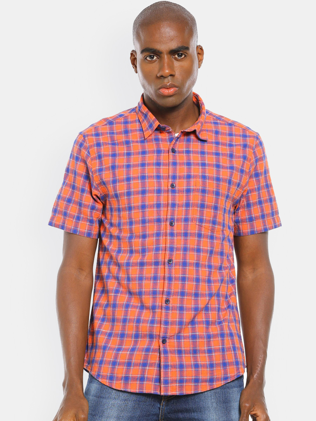 

Ruggers Men Orange Orange And Blue Short Sleeve Checked Casual Shirt