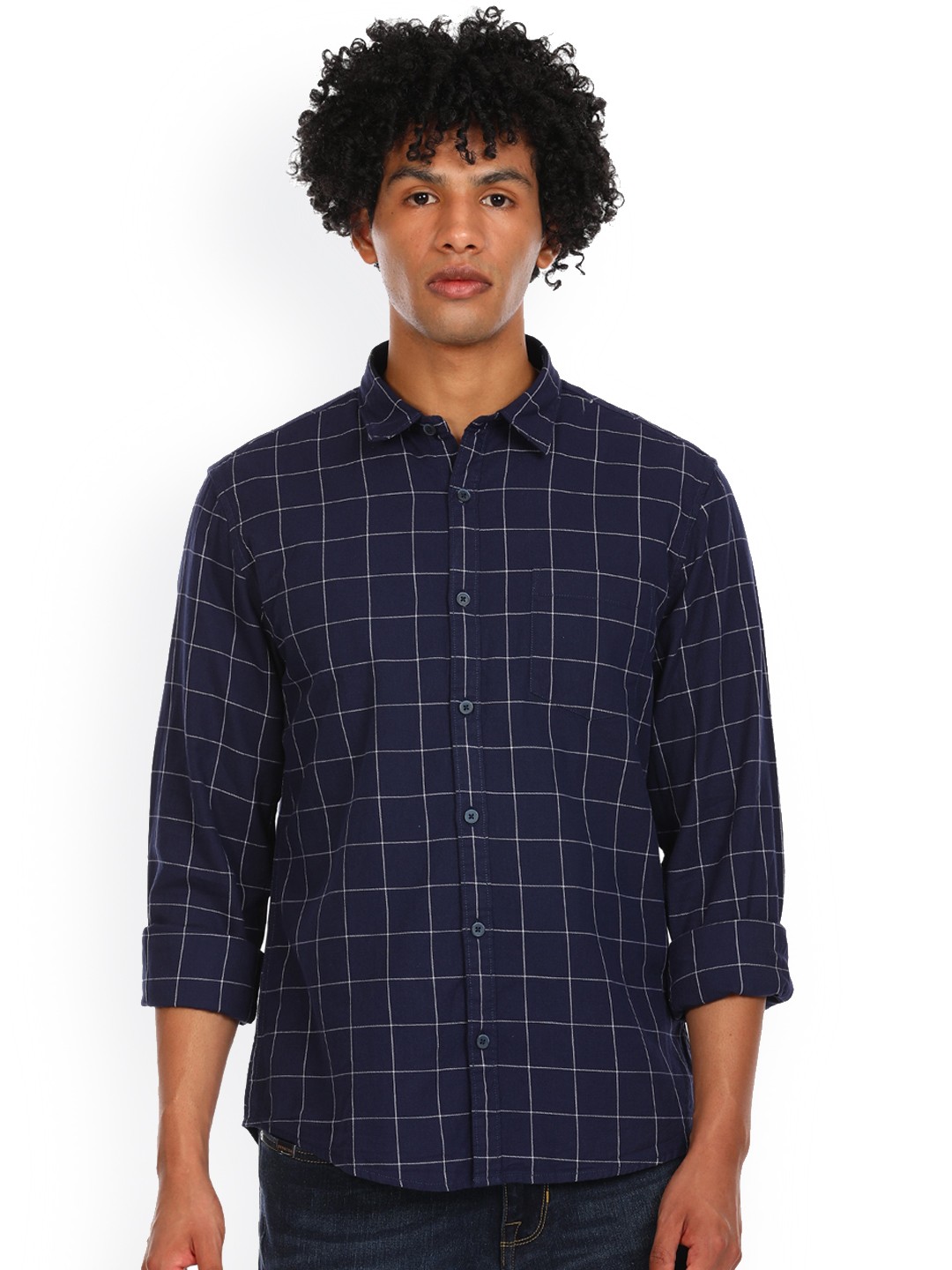 

Ruggers Men Navy Blue & White Windowpane Checked Cotton Casual Shirt