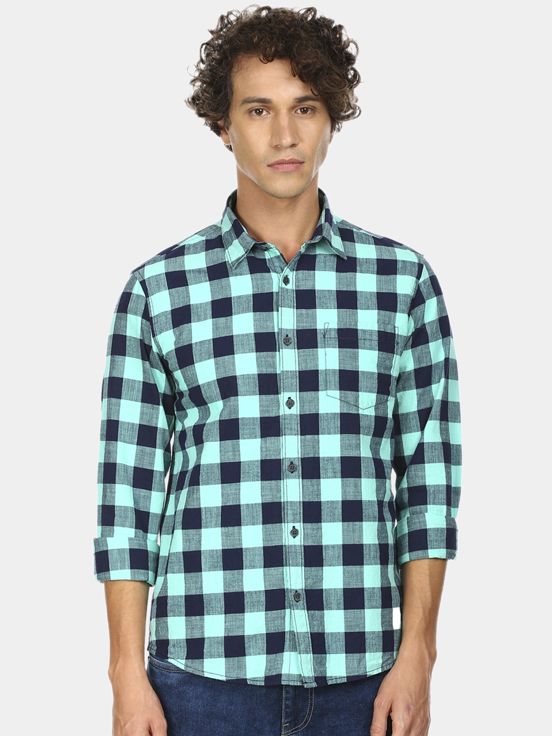 

Ruggers Men Turquoise Blue Buffalo Checks Checked Casual Shirt
