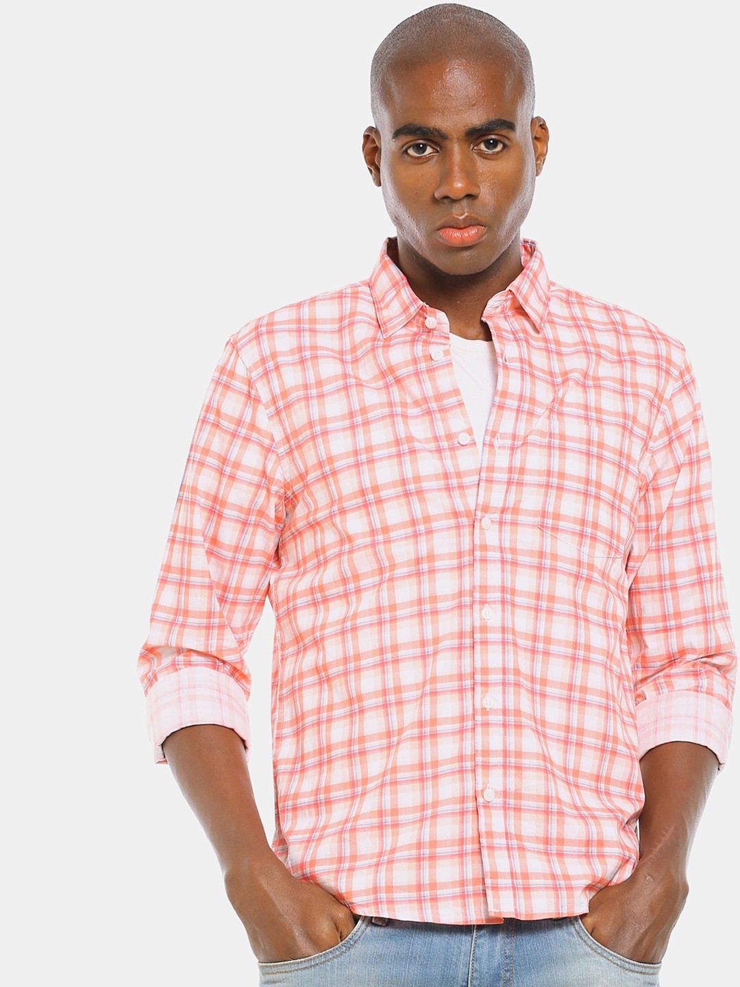 

Ruggers Men Orange Checked Casual Cotton Shirt